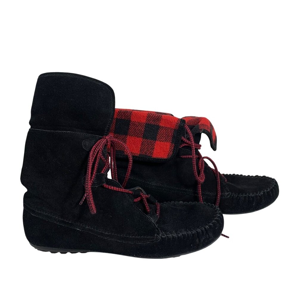 Minnetonka Black Suede Fold Over Plaid Hi Top Ankle Boots Lace Up SZ 9.5 EUC